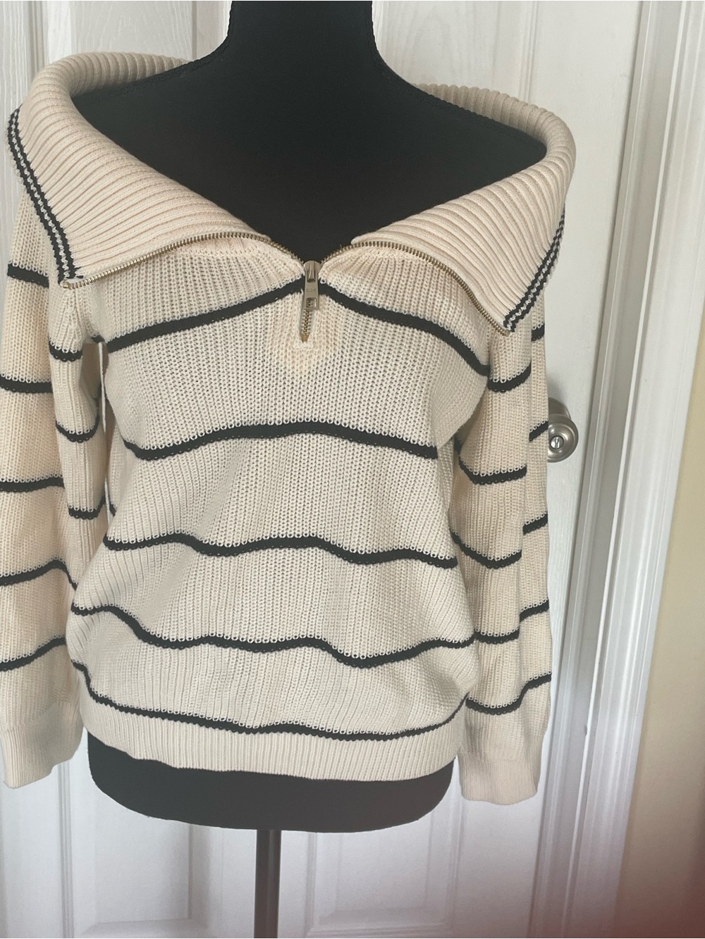 525 Cream Striped Half-Zip Sweater - Casual Women's Knit